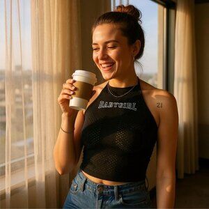 Poster Grl ✦ Viral Sensation Mesh Halter Top ✦ Black Silver Babygirl Graphic M